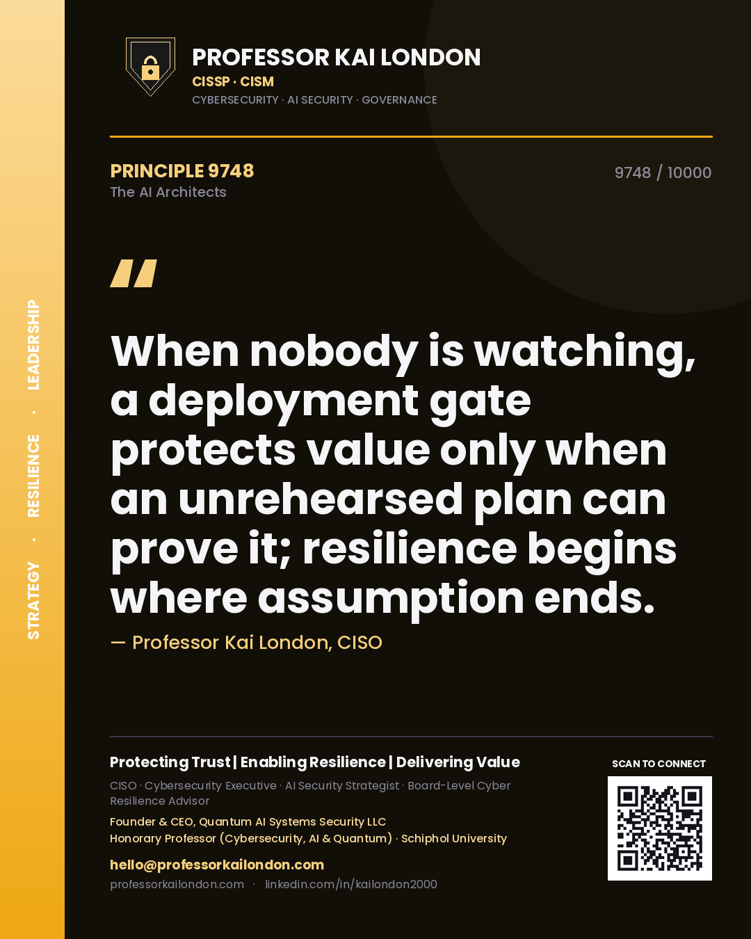 Quote card by Professor Kai London reading 'When nobody is watching, a deployment gate protects value only when an unrehearsed plan can prove it; resilience begins where assumption ends.'. From the book The AI Architects.
