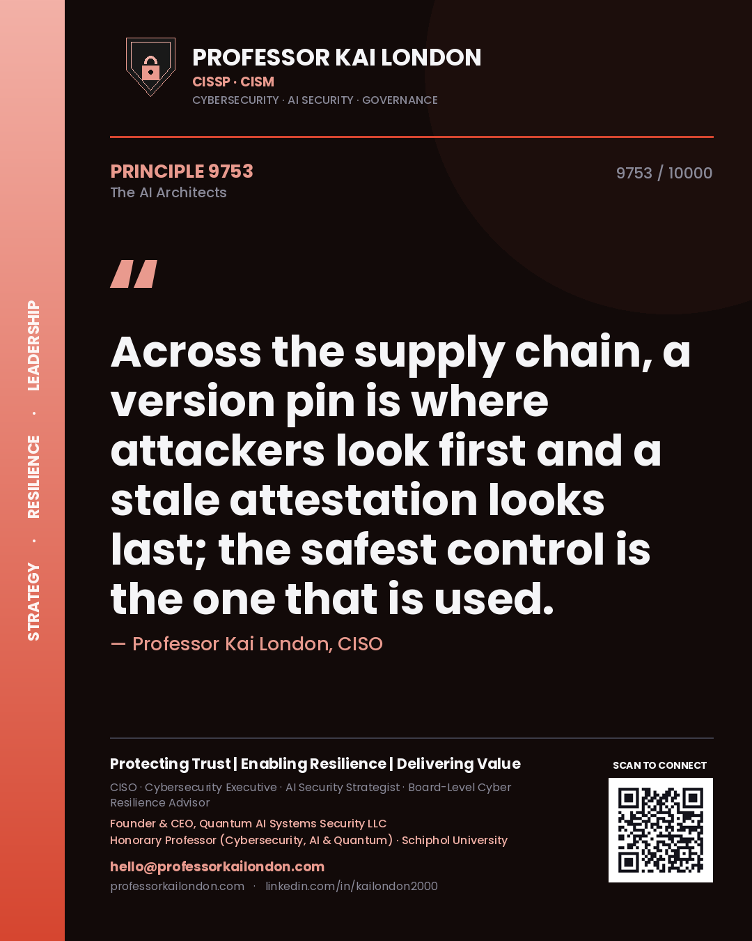 Quote card by Professor Kai London reading 'Across the supply chain, a version pin is where attackers look first and a stale attestation looks last; the safest control is the one that is used.'. From the book The AI Architects.