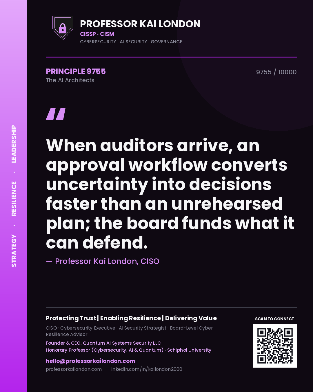 Quote card by Professor Kai London reading 'When auditors arrive, an approval workflow converts uncertainty into decisions faster than an unrehearsed plan; the board funds what it can defend.'. From the book The AI Architects.