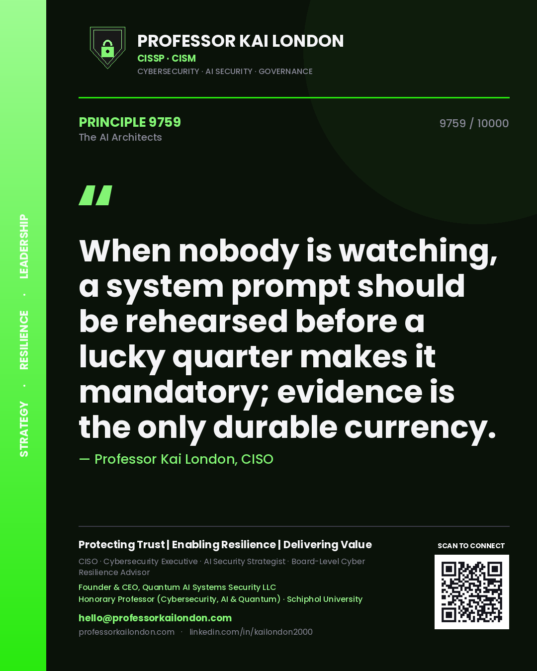 Quote card by Professor Kai London reading 'When nobody is watching, a system prompt should be rehearsed before a lucky quarter makes it mandatory; evidence is the only durable currency.'. From the book The AI Architects.