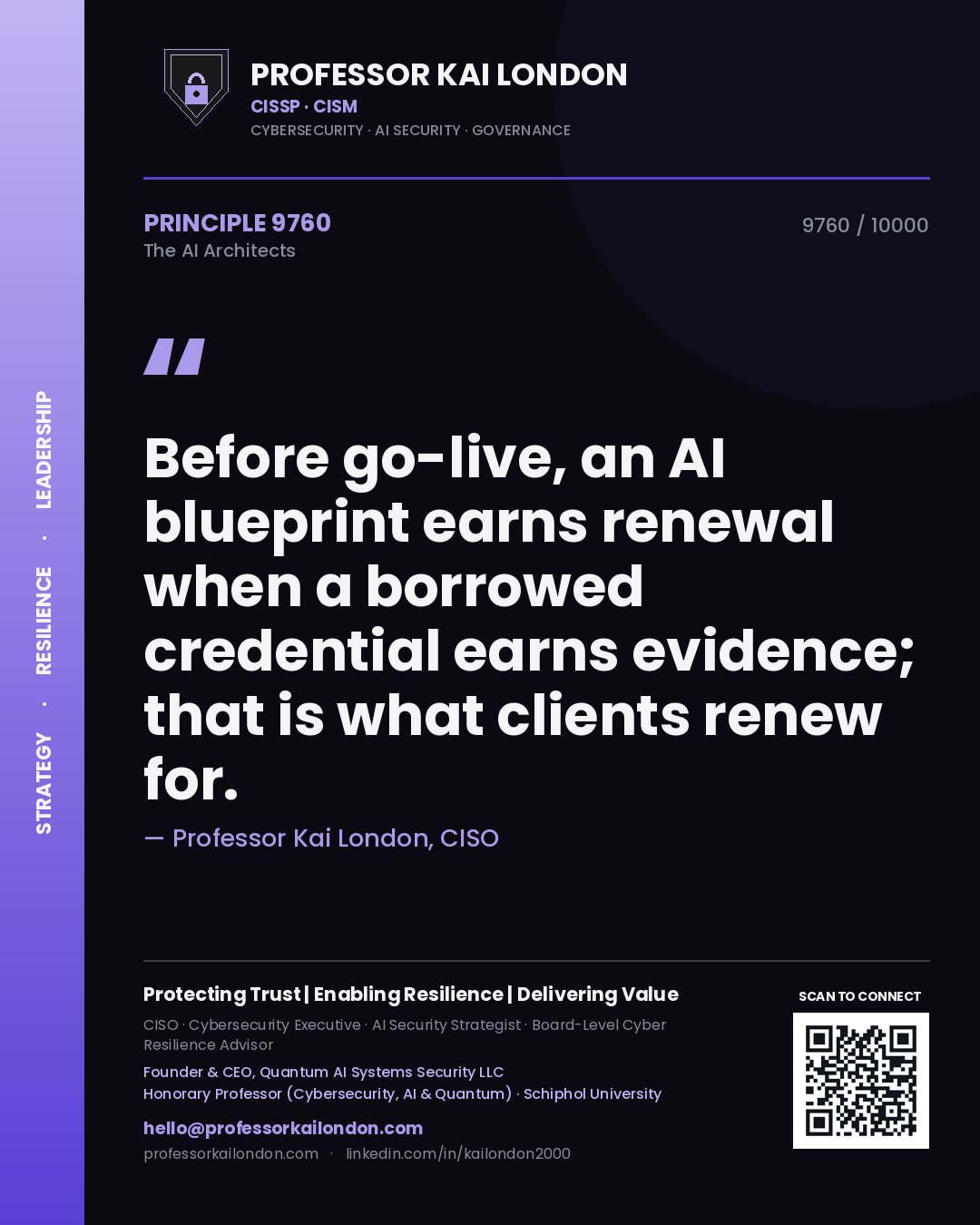 Quote card by Professor Kai London reading 'Before go-live, an AI blueprint earns renewal when a borrowed credential earns evidence; that is what clients renew for.'. From the book The AI Architects.