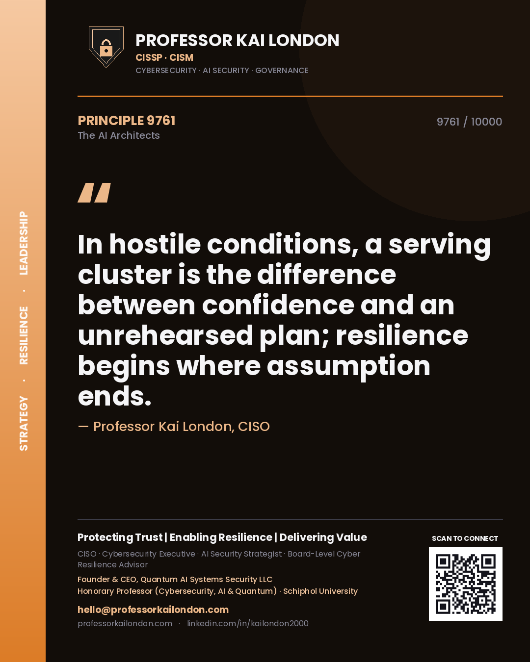 Quote card by Professor Kai London reading 'In hostile conditions, a serving cluster is the difference between confidence and an unrehearsed plan; resilience begins where assumption ends.'. From the book The AI Architects.