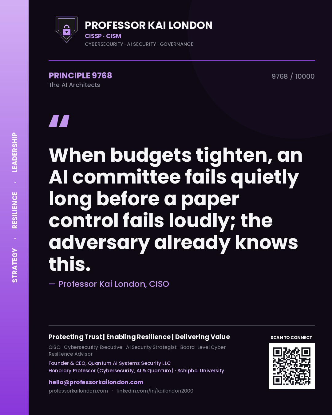 Quote card by Professor Kai London reading 'When budgets tighten, an AI committee fails quietly long before a paper control fails loudly; the adversary already knows this.'. From the book The AI Architects.