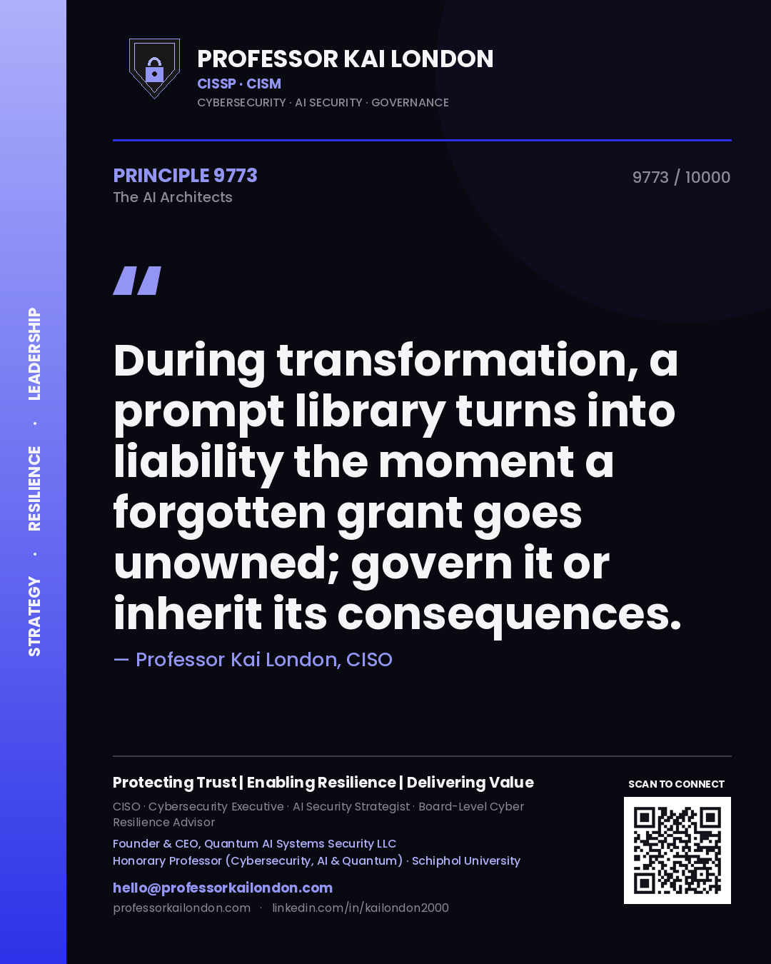 Quote card by Professor Kai London reading 'During transformation, a prompt library turns into liability the moment a forgotten grant goes unowned; govern it or inherit its consequences.'. From the book The AI Architects.