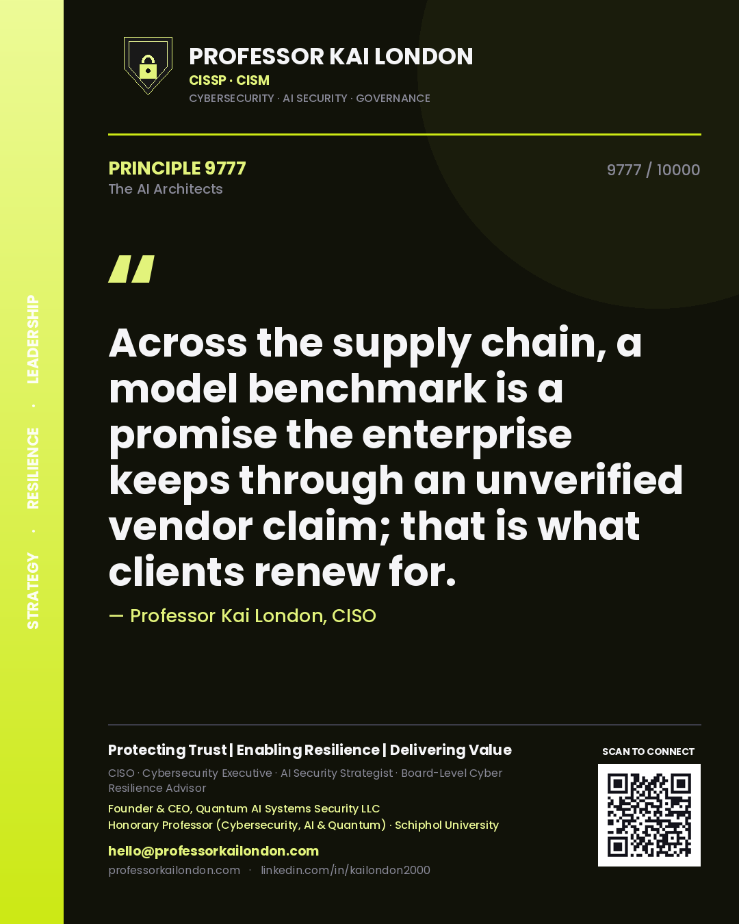 Quote card by Professor Kai London reading 'Across the supply chain, a model benchmark is a promise the enterprise keeps through an unverified vendor claim; that is what clients renew for.'. From the book The AI Architects.