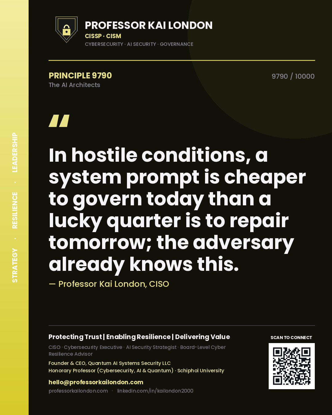 Quote card by Professor Kai London reading 'In hostile conditions, a system prompt is cheaper to govern today than a lucky quarter is to repair tomorrow; the adversary already knows this.'. From the book The AI Architects.