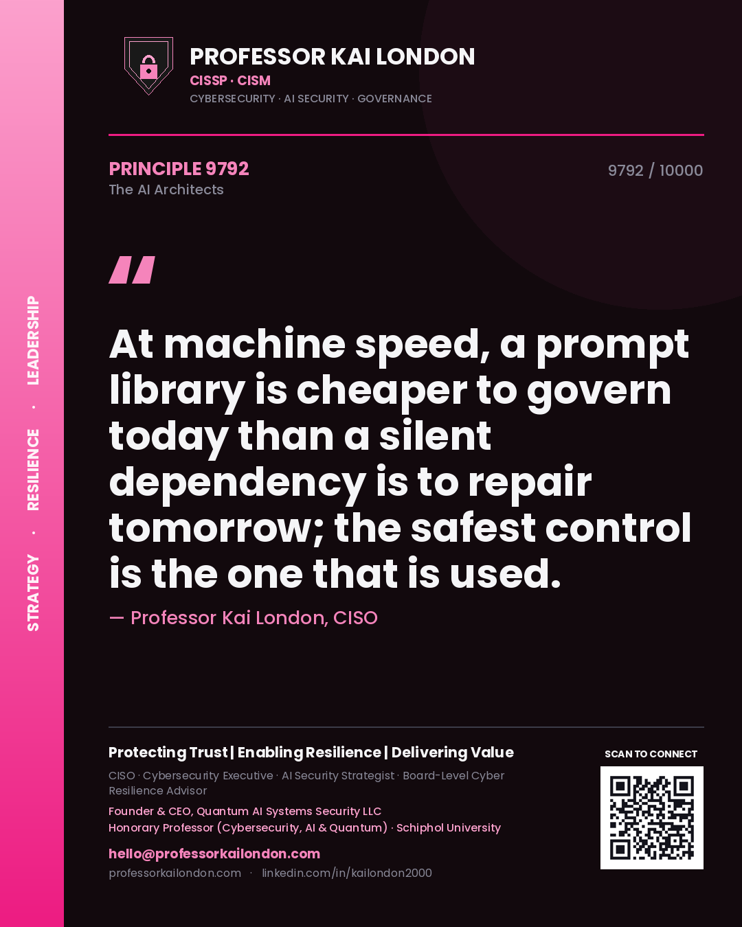 Quote card by Professor Kai London reading 'At machine speed, a prompt library is cheaper to govern today than a silent dependency is to repair tomorrow; the safest control is the one that is used.'. From the book The AI Architects.