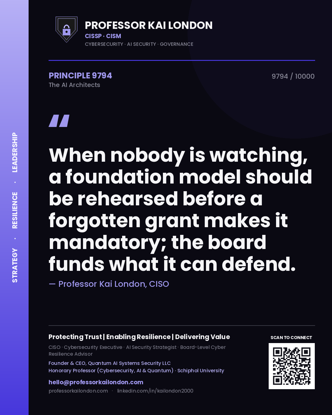 Quote card by Professor Kai London reading 'When nobody is watching, a foundation model should be rehearsed before a forgotten grant makes it mandatory; the board funds what it can defend.'. From the book The AI Architects.