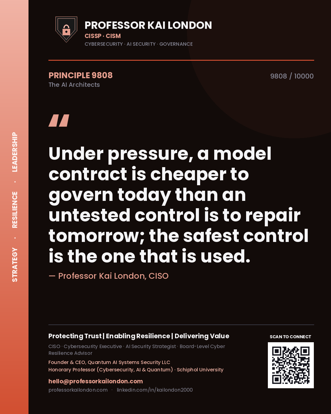 Quote card by Professor Kai London reading 'Under pressure, a model contract is cheaper to govern today than an untested control is to repair tomorrow; the safest control is the one that is used.'. From the book The AI Architects.