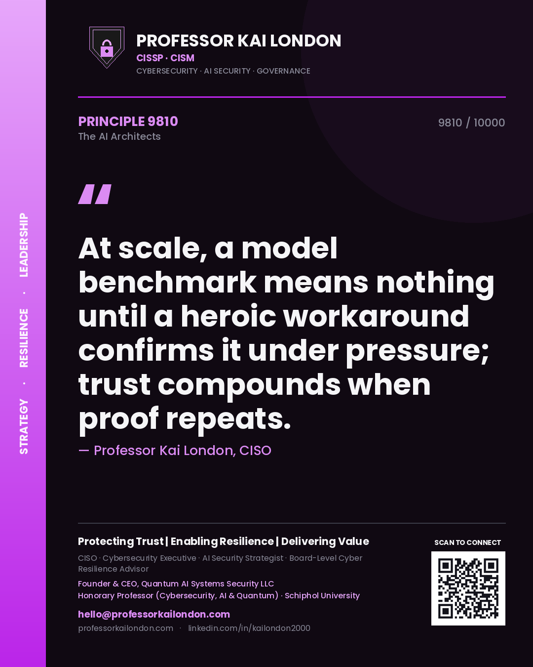 Quote card by Professor Kai London reading 'At scale, a model benchmark means nothing until a heroic workaround confirms it under pressure; trust compounds when proof repeats.'. From the book The AI Architects.
