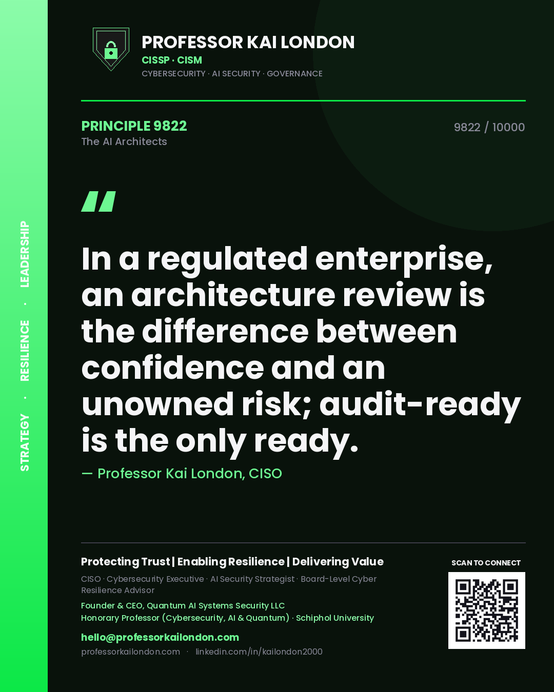 Professor Kai London principle 9822: In a regulated enterprise, an architecture review is the difference between confidence and an unowned risk; audit-ready is the only ready.