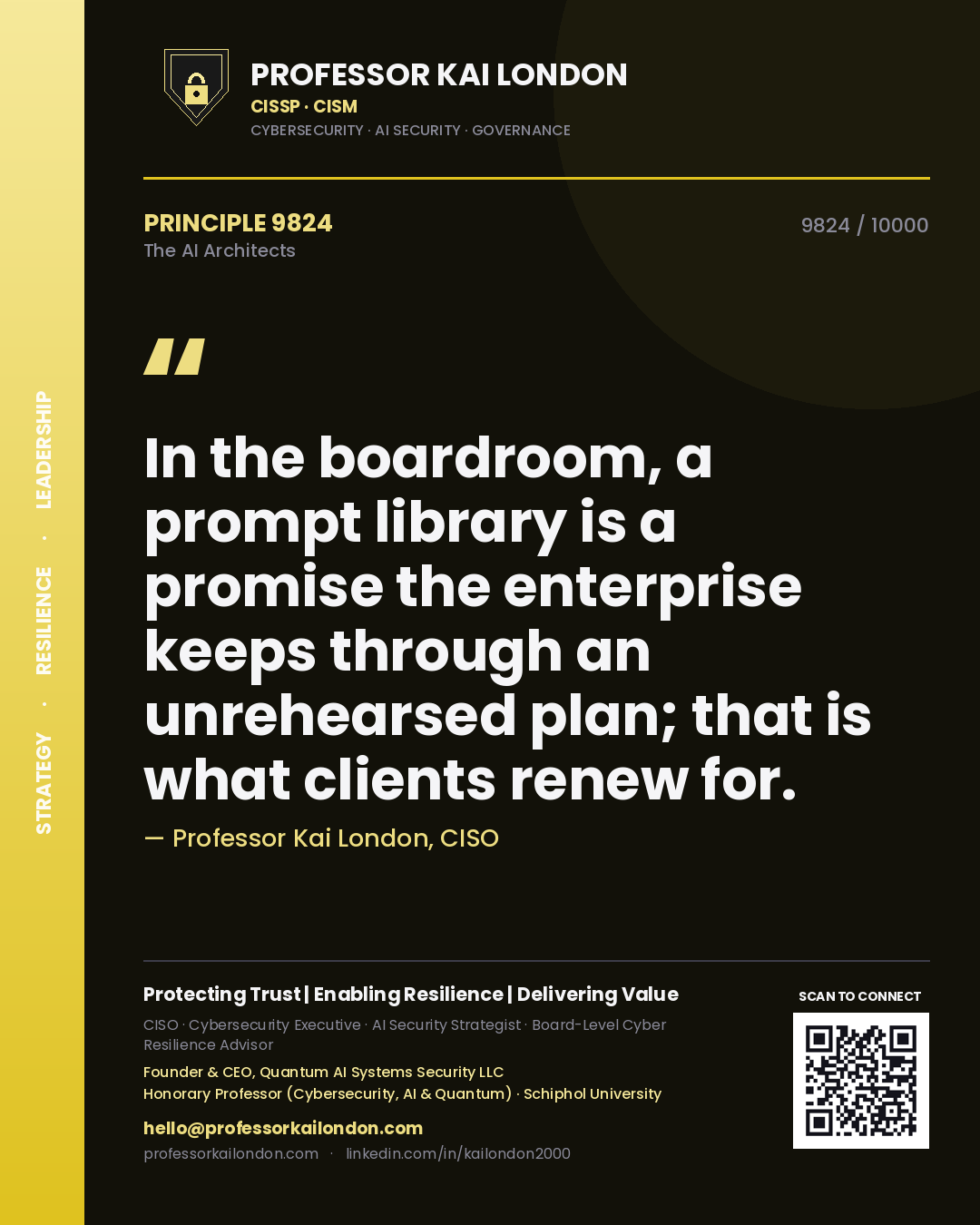 Quote card by Professor Kai London reading 'In the boardroom, a prompt library is a promise the enterprise keeps through an unrehearsed plan; that is what clients renew for.'. From the book The AI Architects.