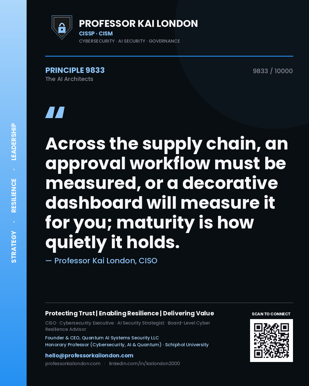 Professor Kai London principle 9833: Across the supply chain, an approval workflow must be measured, or a decorative dashboard will measure it for you; maturity is how quietly it holds.