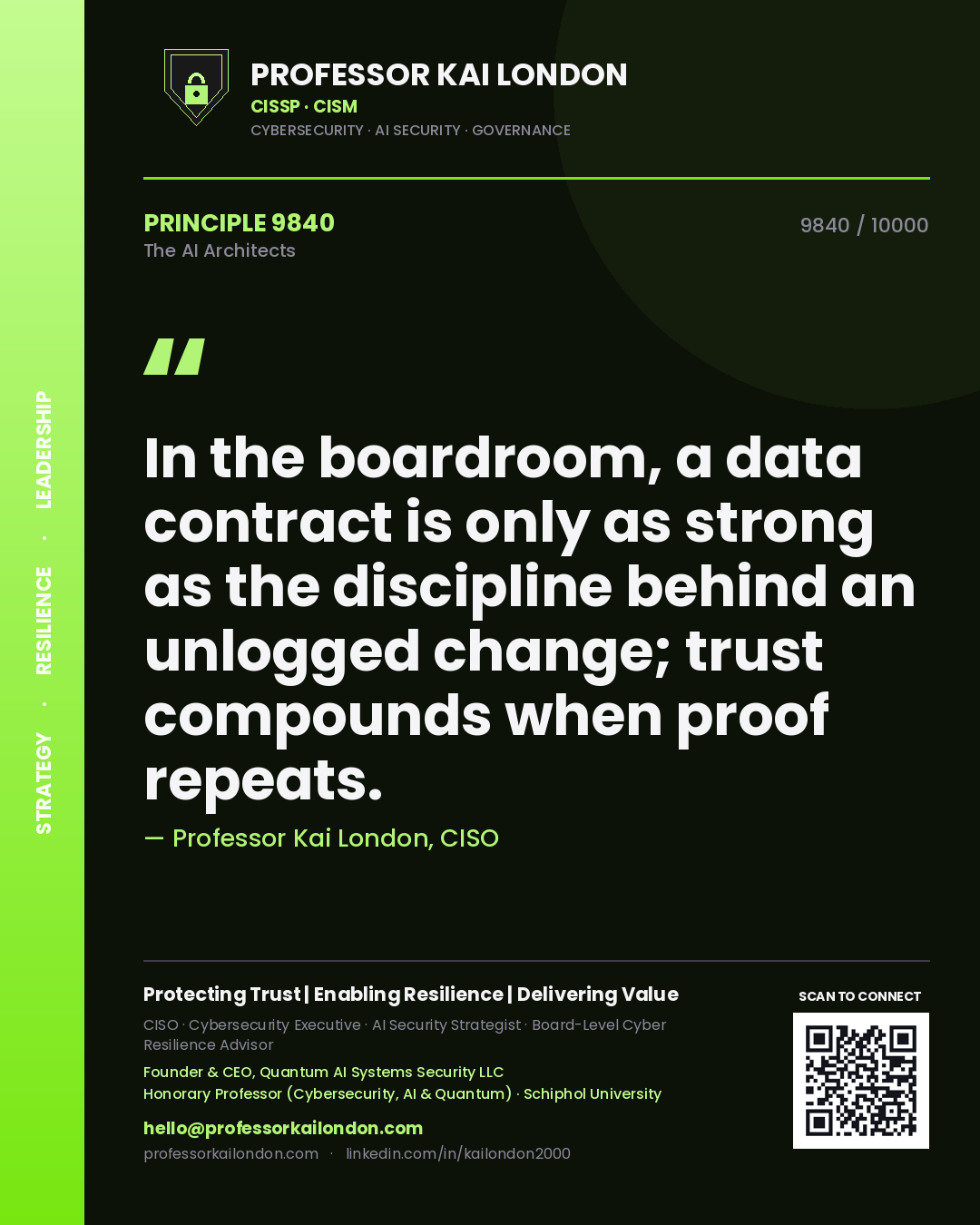 Quote card by Professor Kai London reading 'In the boardroom, a data contract is only as strong as the discipline behind an unlogged change; trust compounds when proof repeats.'. From the book The AI Architects.