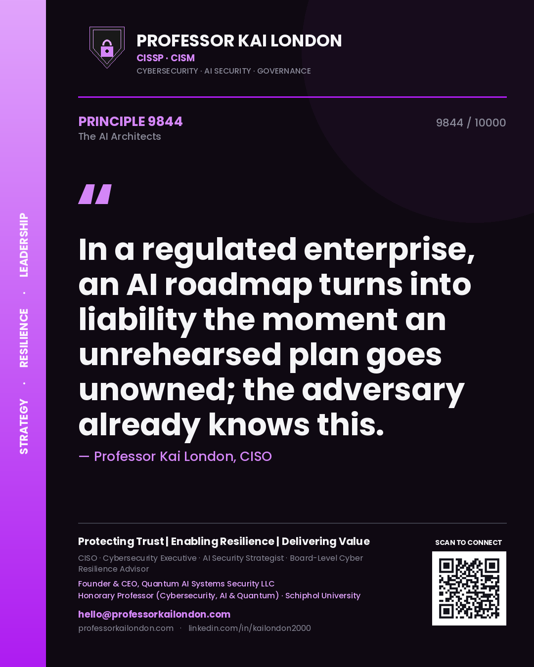 Quote card by Professor Kai London reading 'In a regulated enterprise, an AI roadmap turns into liability the moment an unrehearsed plan goes unowned; the adversary already knows this.'. From the book The AI Architects.