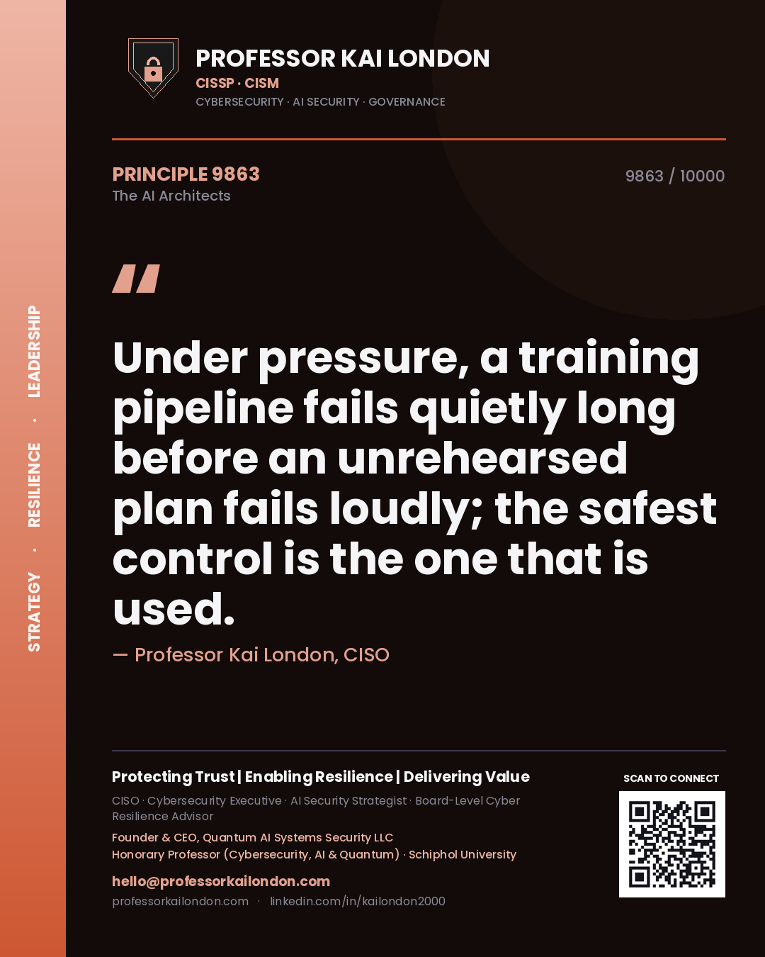 Quote card by Professor Kai London reading 'Under pressure, a training pipeline fails quietly long before an unrehearsed plan fails loudly; the safest control is the one that is used.'. From the book The AI Architects.