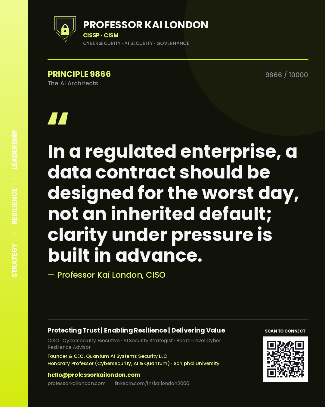 Professor Kai London principle 9866: In a regulated enterprise, a data contract should be designed for the worst day, not an inherited default; clarity under pressure is built in advance.