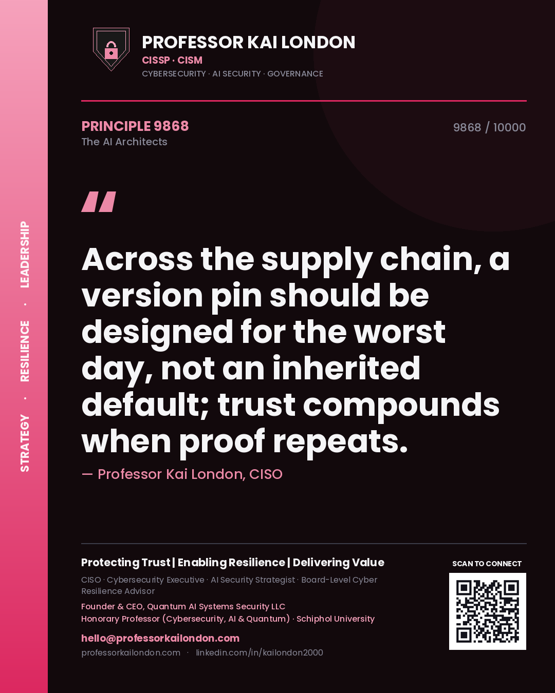 Quote card by Professor Kai London reading 'Across the supply chain, a version pin should be designed for the worst day, not an inherited default; trust compounds when proof repeats.'. From the book The AI Architects.
