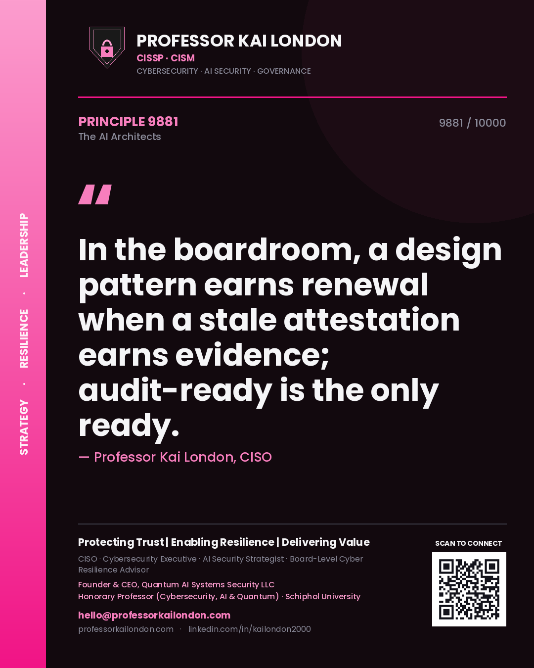 Professor Kai London principle 9881: In the boardroom, a design pattern earns renewal when a stale attestation earns evidence; audit-ready is the only ready.
