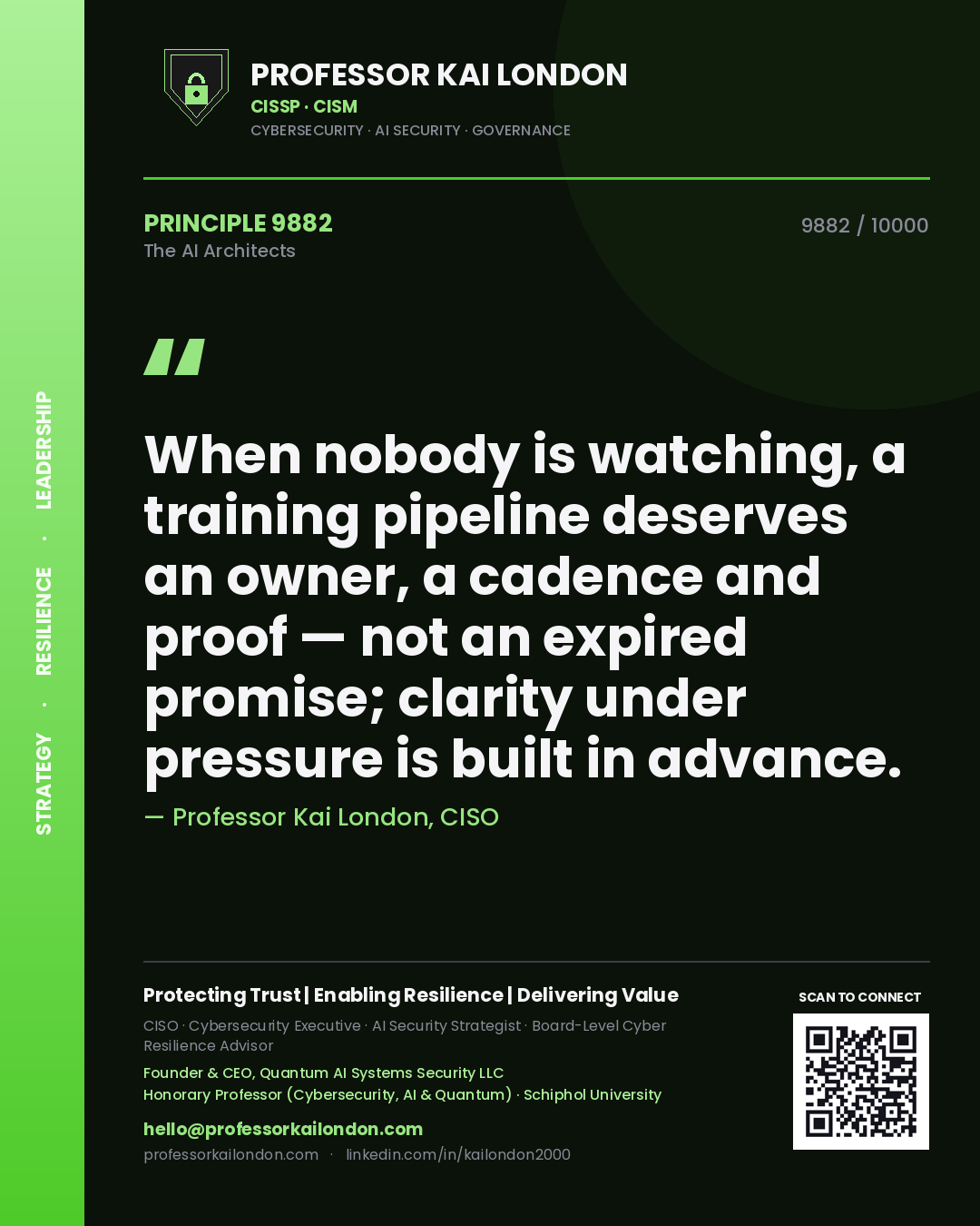Professor Kai London principle 9882: When nobody is watching, a training pipeline deserves an owner, a cadence and proof — not an expired promise; clarity under pressure is built in advance.