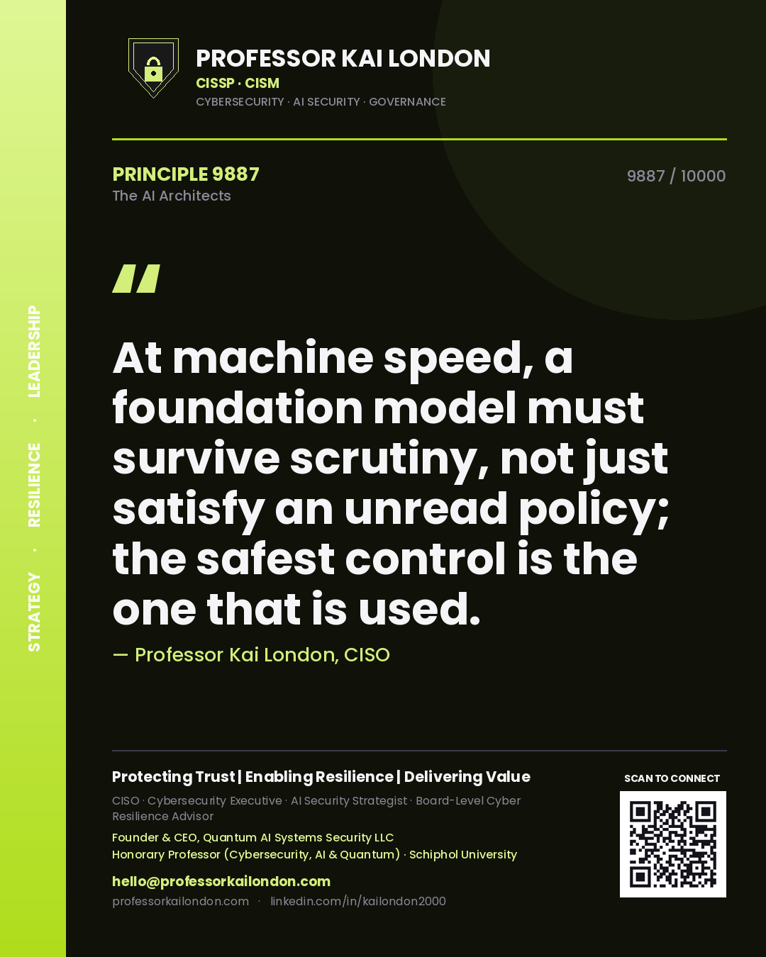 Quote card by Professor Kai London reading 'At machine speed, a foundation model must survive scrutiny, not just satisfy an unread policy; the safest control is the one that is used.'. From the book The AI Architects.