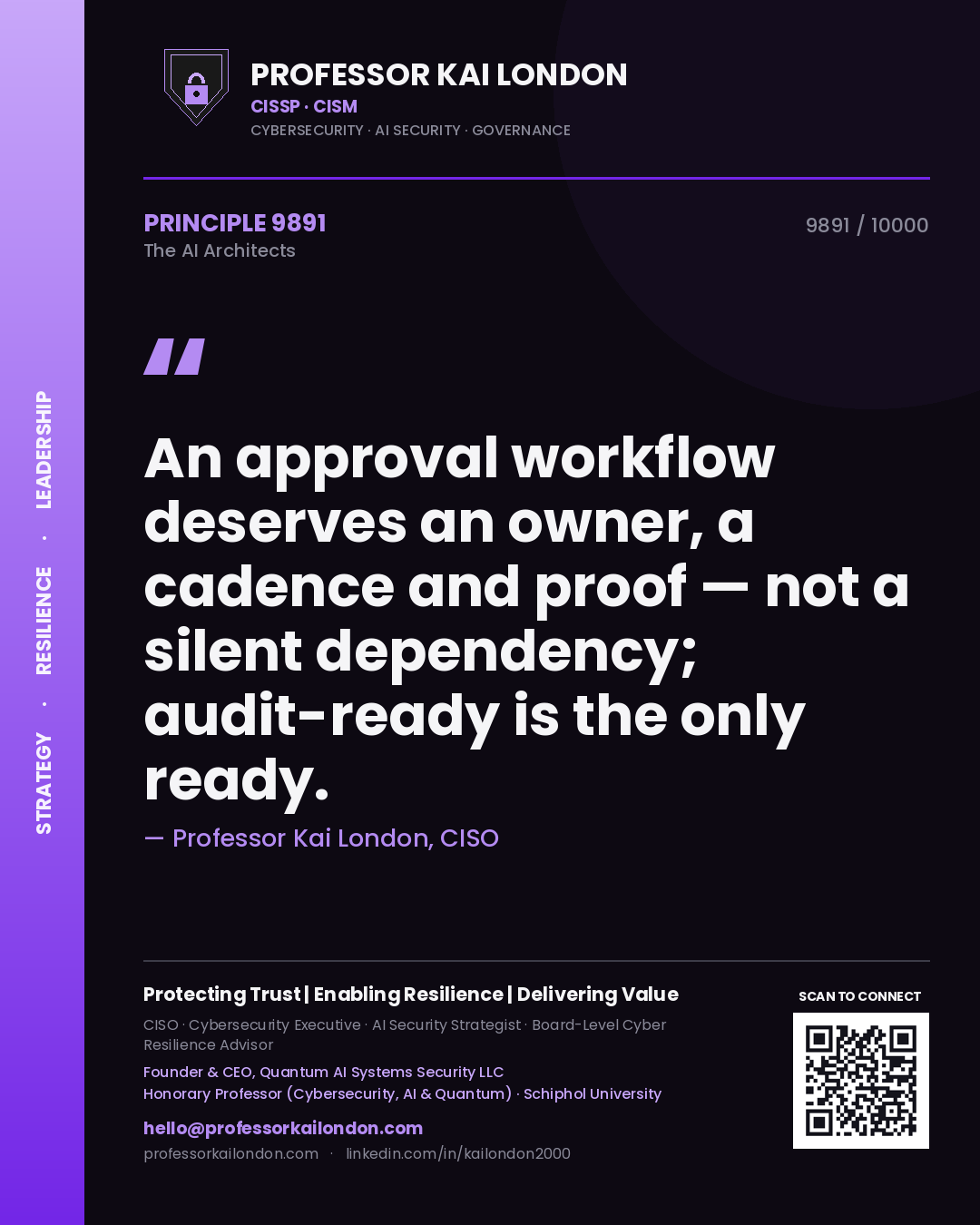 Quote card by Professor Kai London reading 'An approval workflow deserves an owner, a cadence and proof — not a silent dependency; audit-ready is the only ready.'. From the book The AI Architects.