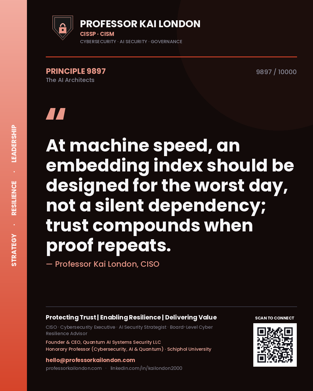Quote card by Professor Kai London reading 'At machine speed, an embedding index should be designed for the worst day, not a silent dependency; trust compounds when proof repeats.'. From the book The AI Architects.