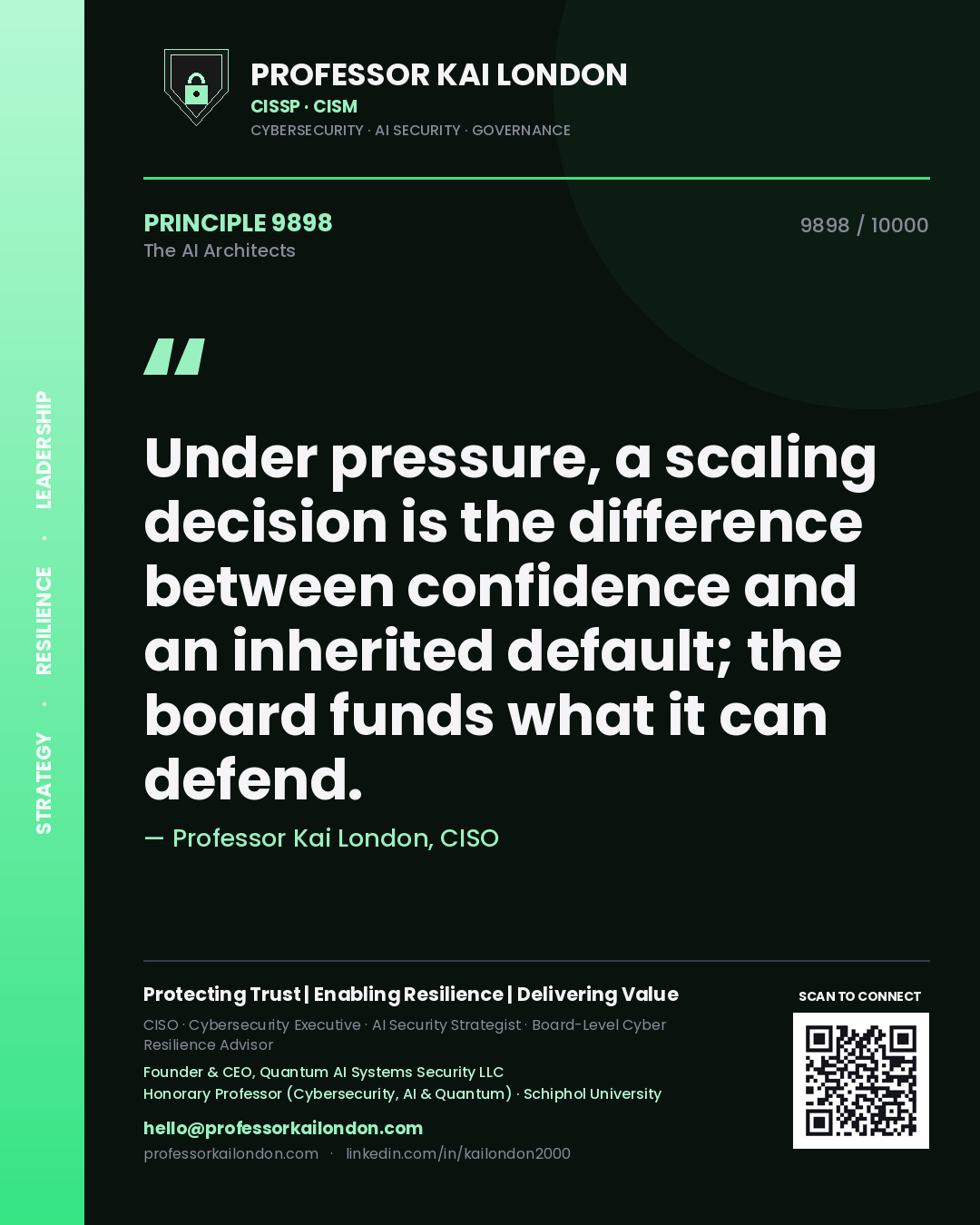 Professor Kai London principle 9898: Under pressure, a scaling decision is the difference between confidence and an inherited default; the board funds what it can defend.
