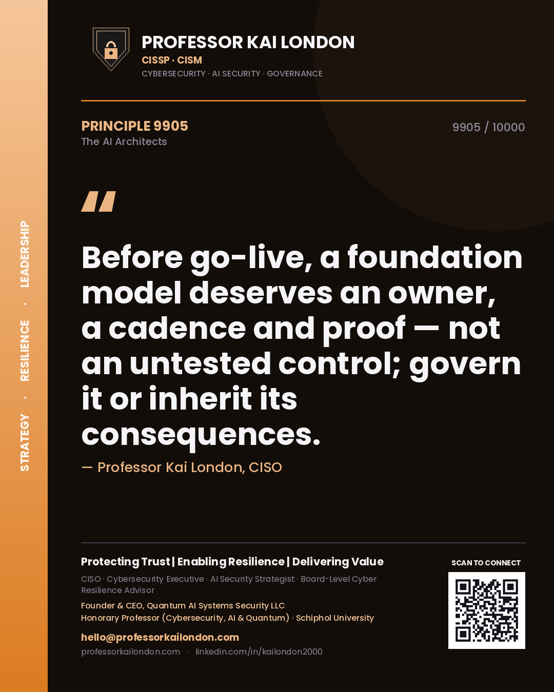 Professor Kai London principle 9905: Before go-live, a foundation model deserves an owner, a cadence and proof — not an untested control; govern it or inherit its consequences.