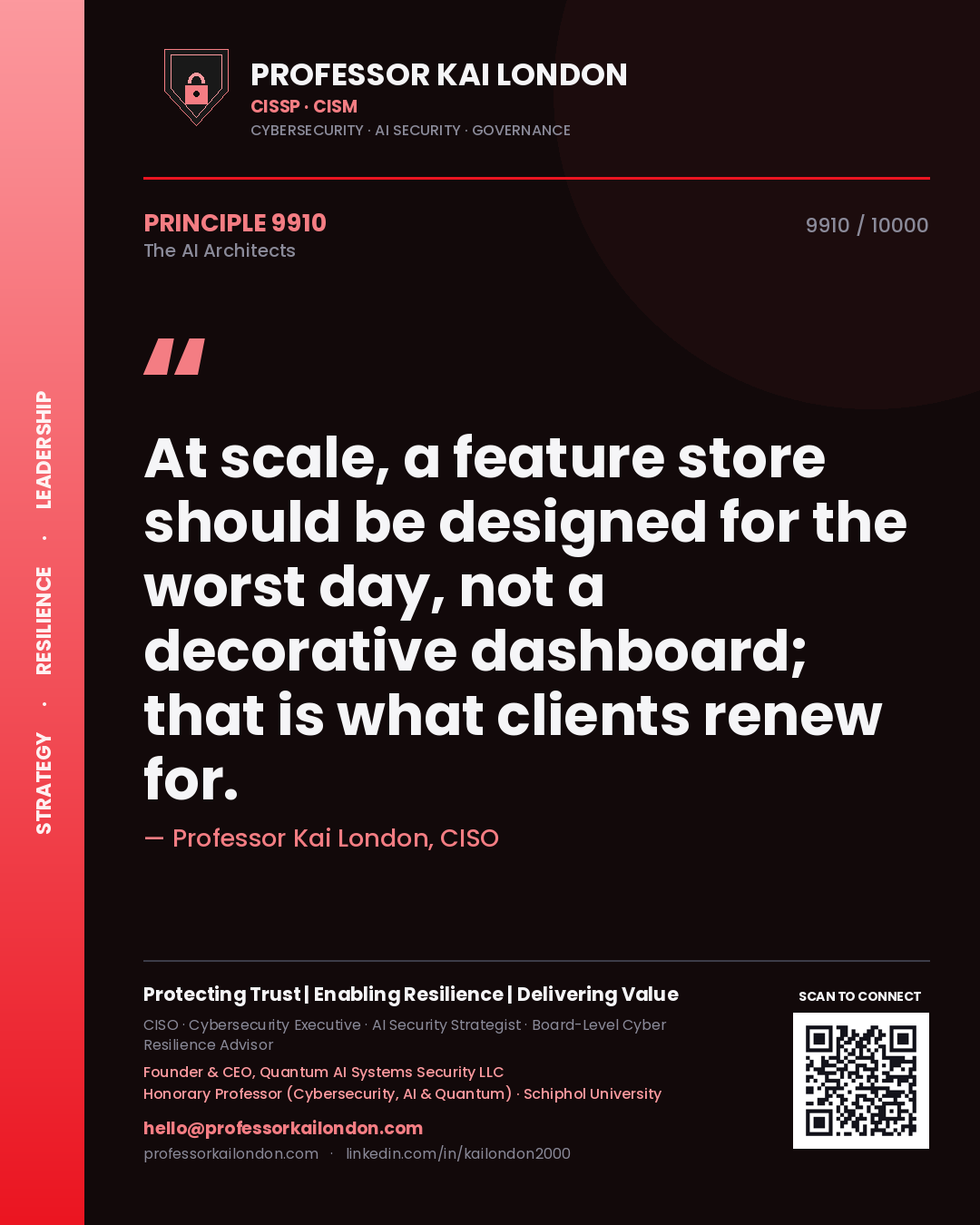 Quote card by Professor Kai London reading 'At scale, a feature store should be designed for the worst day, not a decorative dashboard; that is what clients renew for.'. From the book The AI Architects.