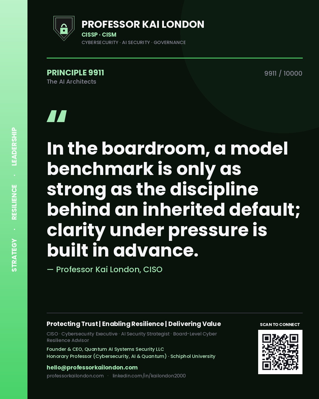 Quote card by Professor Kai London reading 'In the boardroom, a model benchmark is only as strong as the discipline behind an inherited default; clarity under pressure is built in advance.'. From the book The AI Architects.