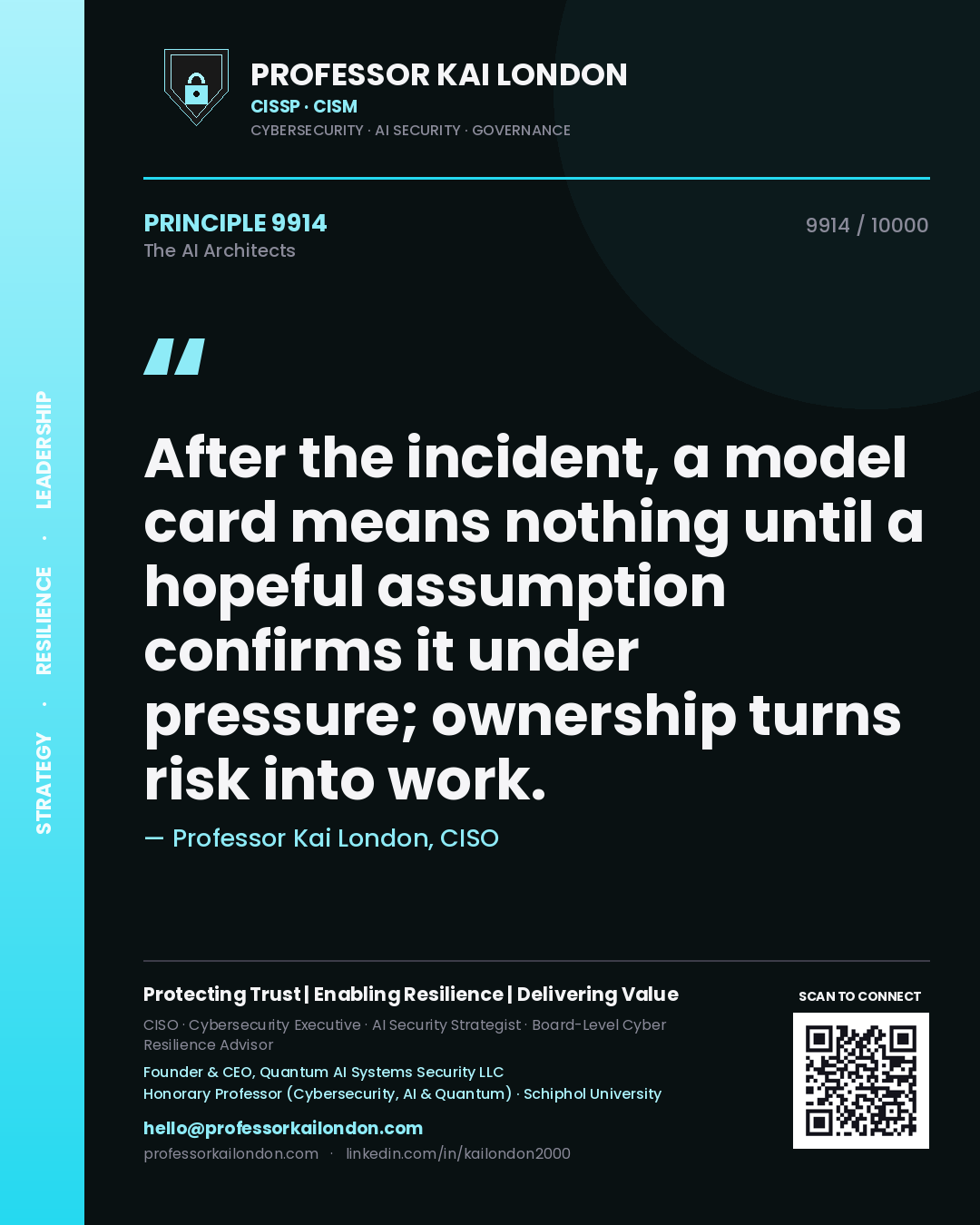 Quote card by Professor Kai London reading 'After the incident, a model card means nothing until a hopeful assumption confirms it under pressure; ownership turns risk into work.'. From the book The AI Architects.