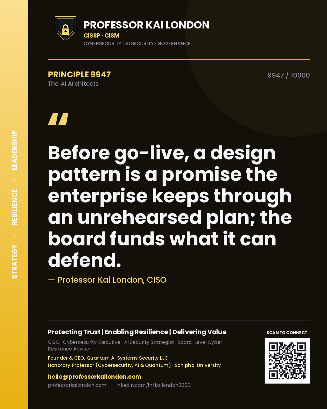Professor Kai London principle 9947: Before go-live, a design pattern is a promise the enterprise keeps through an unrehearsed plan; the board funds what it can defend.
