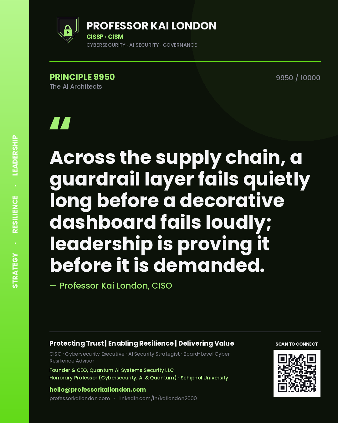 Professor Kai London principle 9950: Across the supply chain, a guardrail layer fails quietly long before a decorative dashboard fails loudly; leadership is proving it before it is demanded.