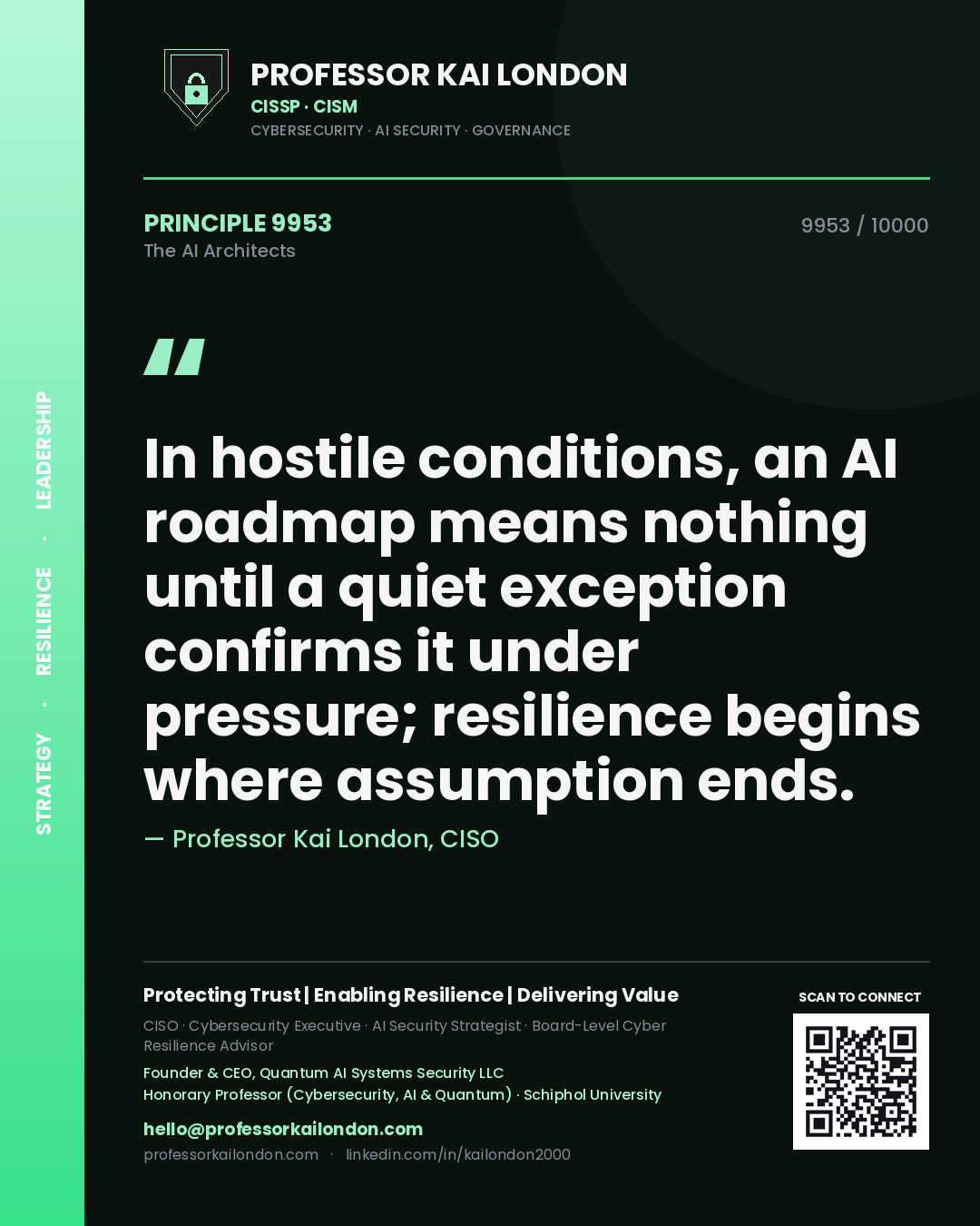 Quote card by Professor Kai London reading 'In hostile conditions, an AI roadmap means nothing until a quiet exception confirms it under pressure; resilience begins where assumption ends.'. From the book The AI Architects.