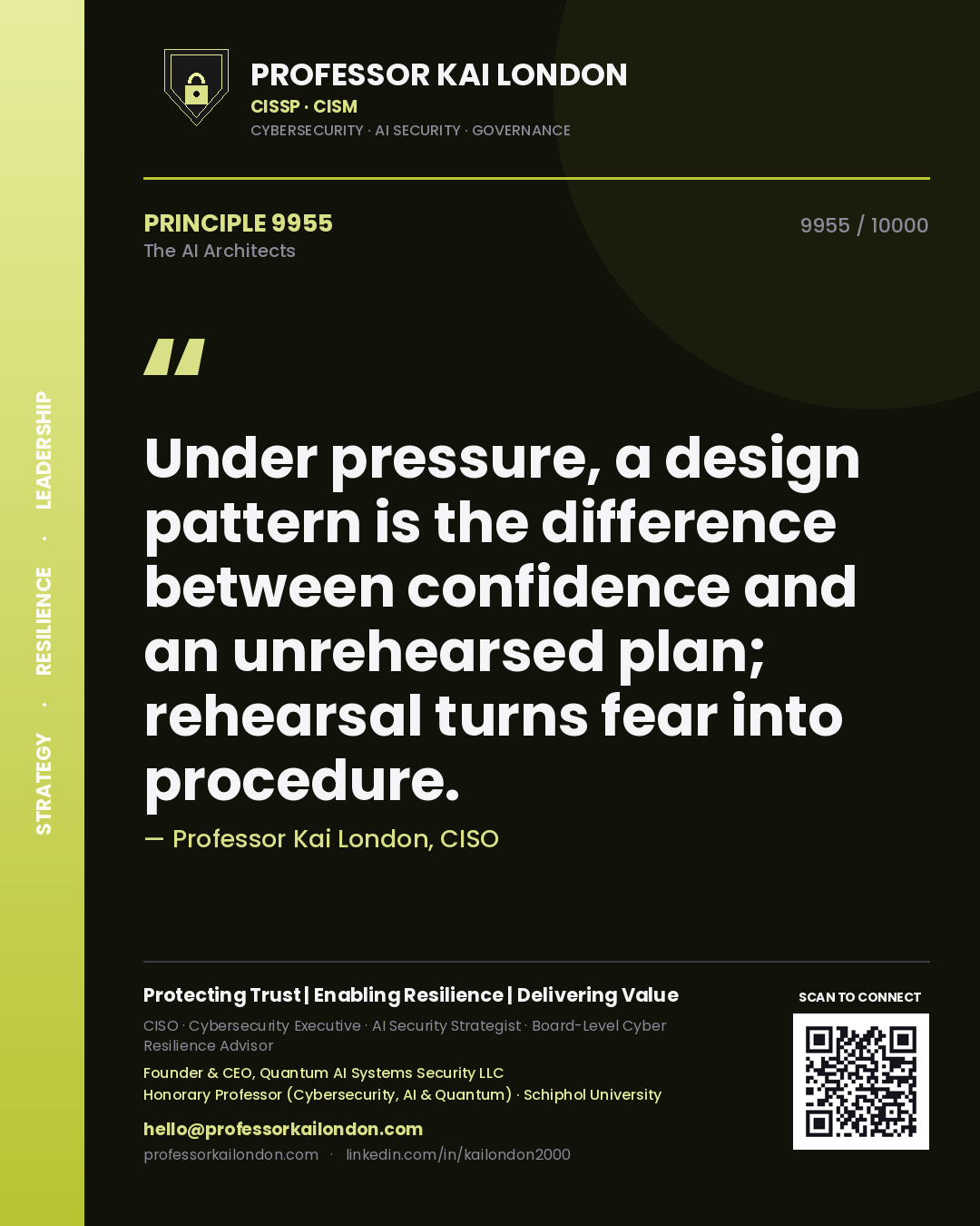 Professor Kai London principle 9955: Under pressure, a design pattern is the difference between confidence and an unrehearsed plan; rehearsal turns fear into procedure.