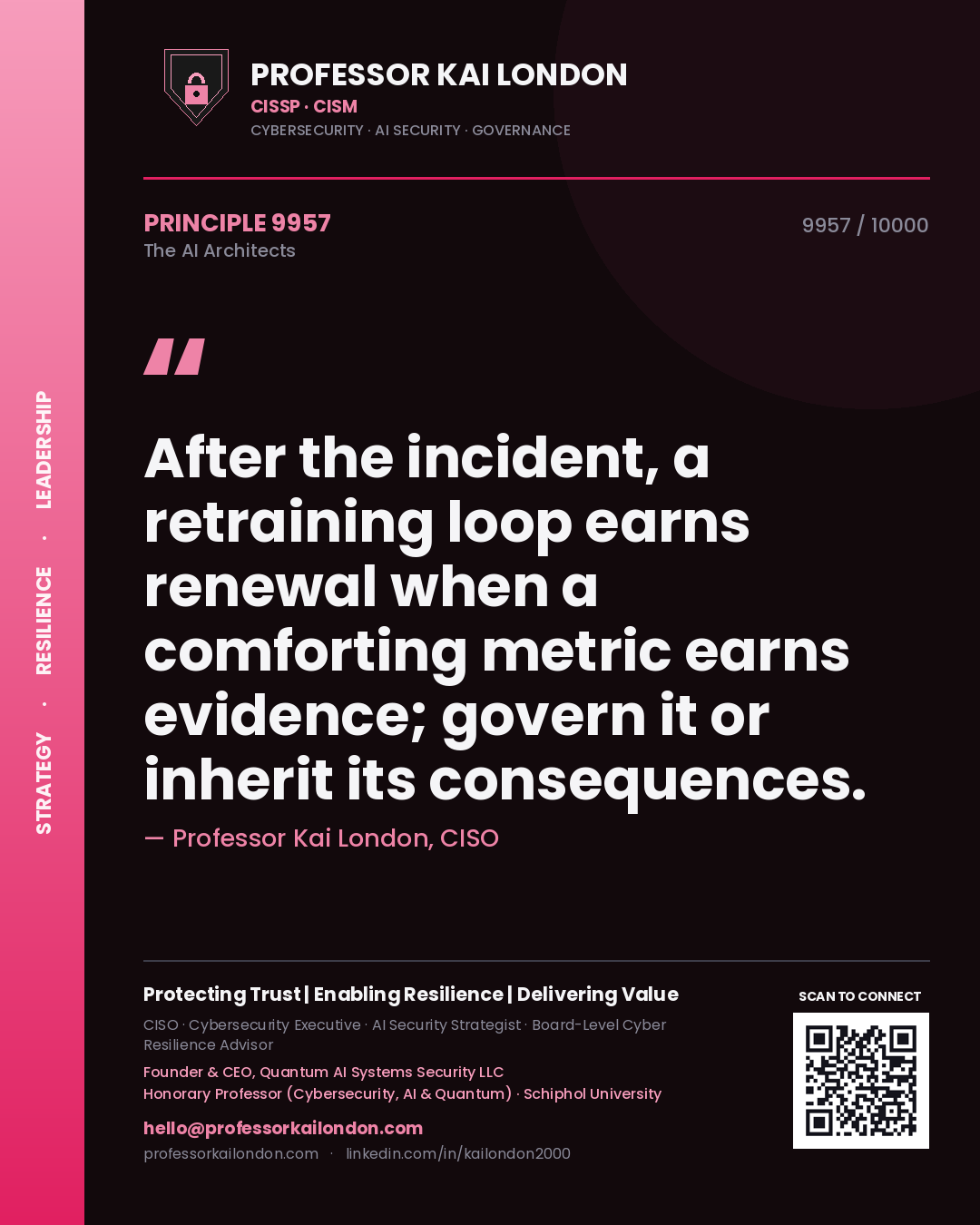 Quote card by Professor Kai London reading 'After the incident, a retraining loop earns renewal when a comforting metric earns evidence; govern it or inherit its consequences.'. From the book The AI Architects.