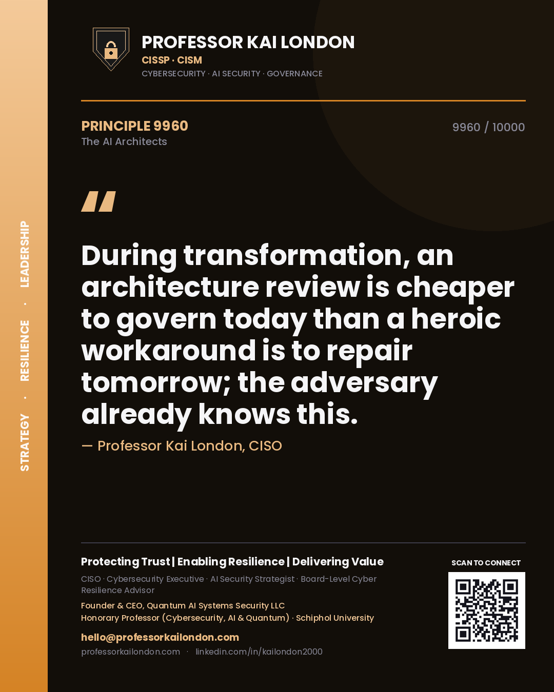 Quote card by Professor Kai London reading 'During transformation, an architecture review is cheaper to govern today than a heroic workaround is to repair tomorrow; the adversary already knows this.'. From the book The AI Architects.