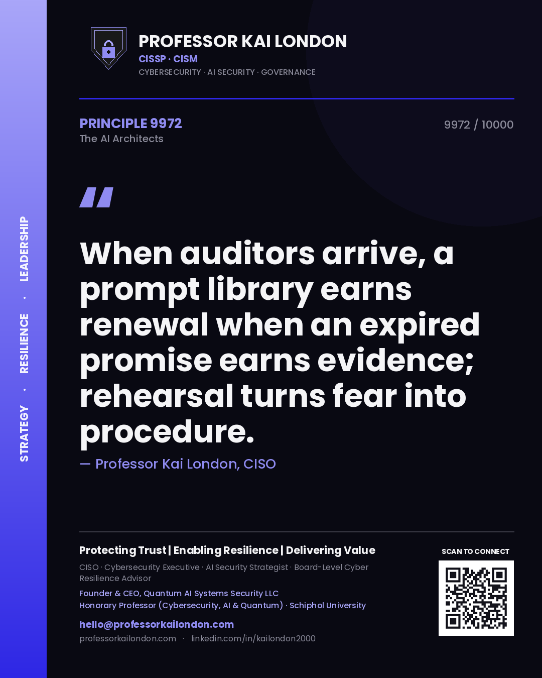 Professor Kai London principle 9972: When auditors arrive, a prompt library earns renewal when an expired promise earns evidence; rehearsal turns fear into procedure.