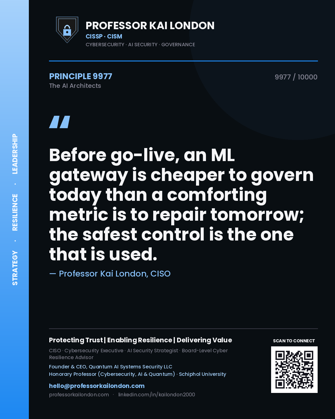 Professor Kai London principle 9977: Before go-live, an ML gateway is cheaper to govern today than a comforting metric is to repair tomorrow; the safest control is the one that is used.