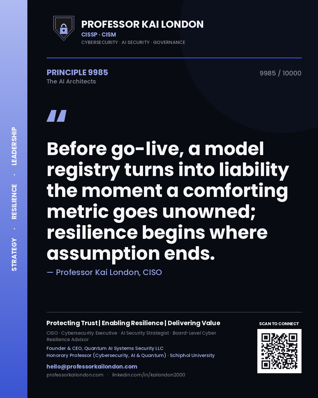 Quote card by Professor Kai London reading 'Before go-live, a model registry turns into liability the moment a comforting metric goes unowned; resilience begins where assumption ends.'. From the book The AI Architects.