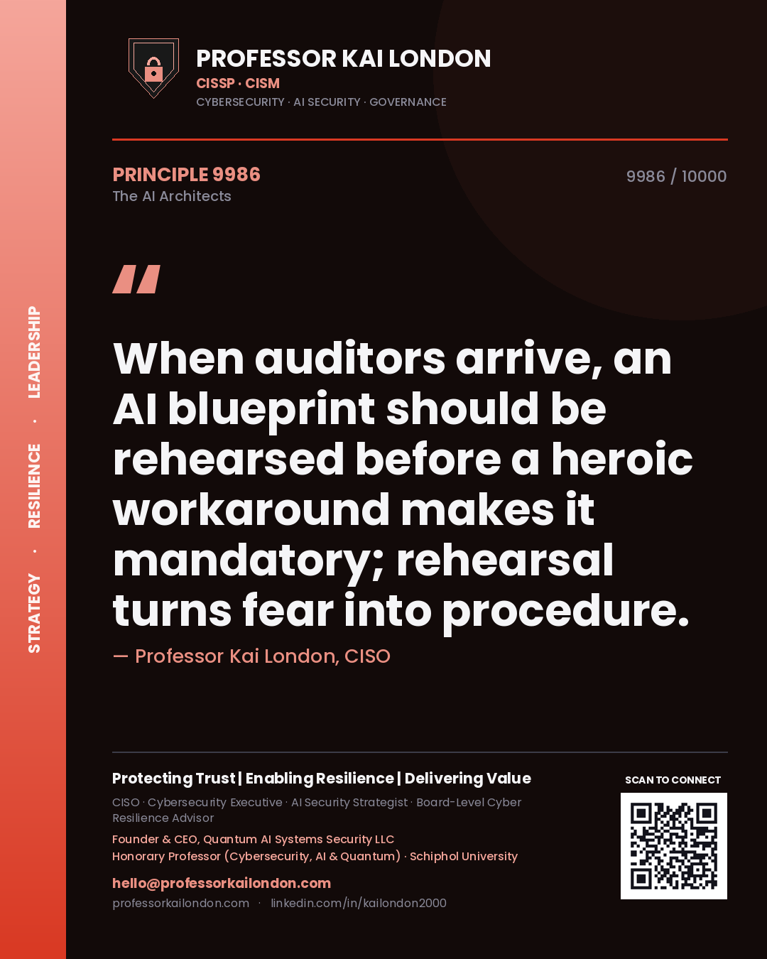 Professor Kai London principle 9986: When auditors arrive, an AI blueprint should be rehearsed before a heroic workaround makes it mandatory; rehearsal turns fear into procedure.
