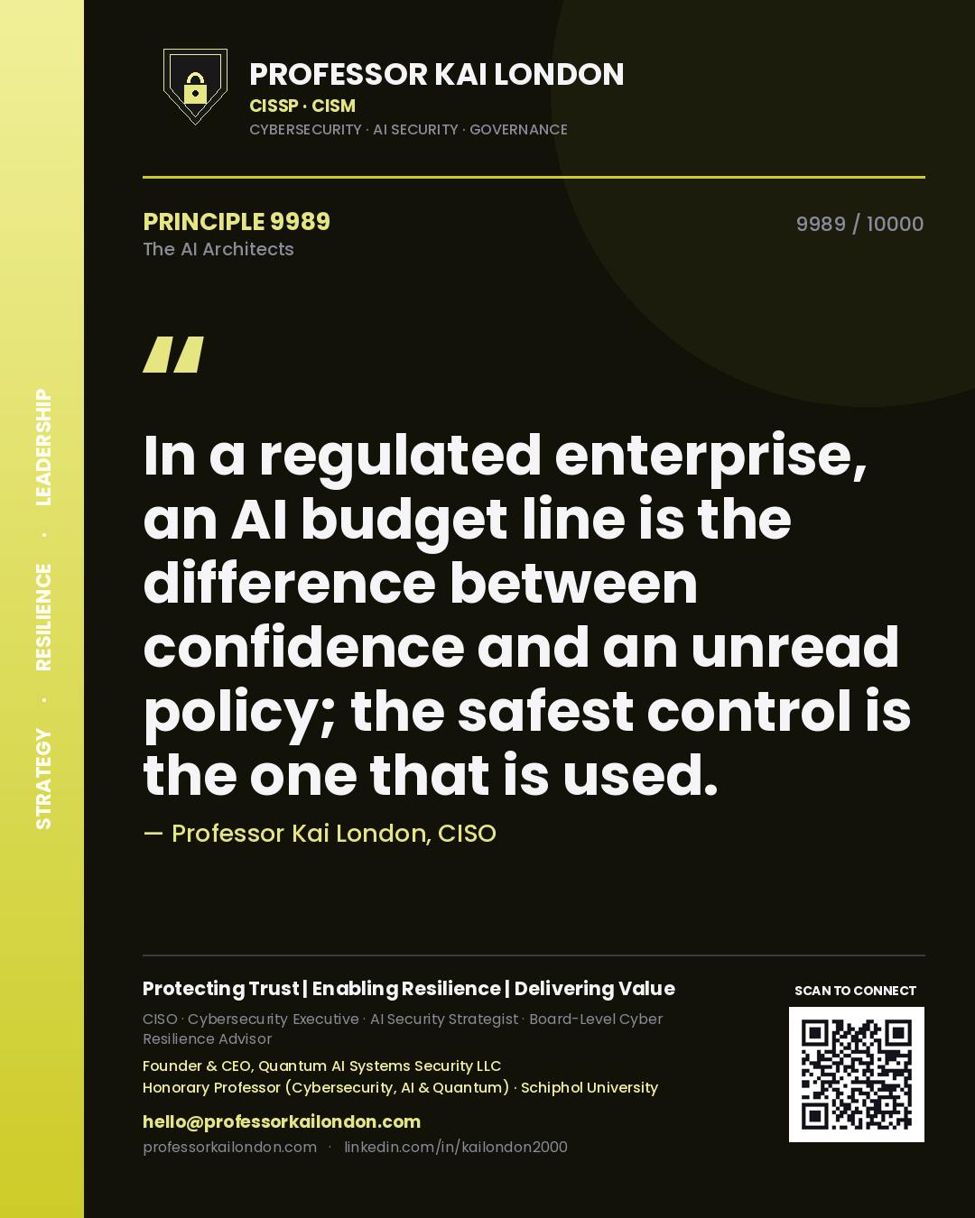 Professor Kai London principle 9989: In a regulated enterprise, an AI budget line is the difference between confidence and an unread policy; the safest control is the one that is used.