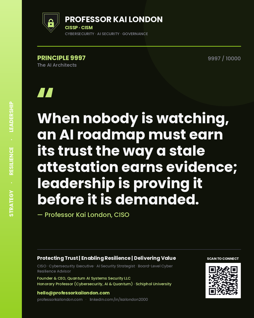 Professor Kai London principle 9997: When nobody is watching, an AI roadmap must earn its trust the way a stale attestation earns evidence; leadership is proving it before it is demanded.
