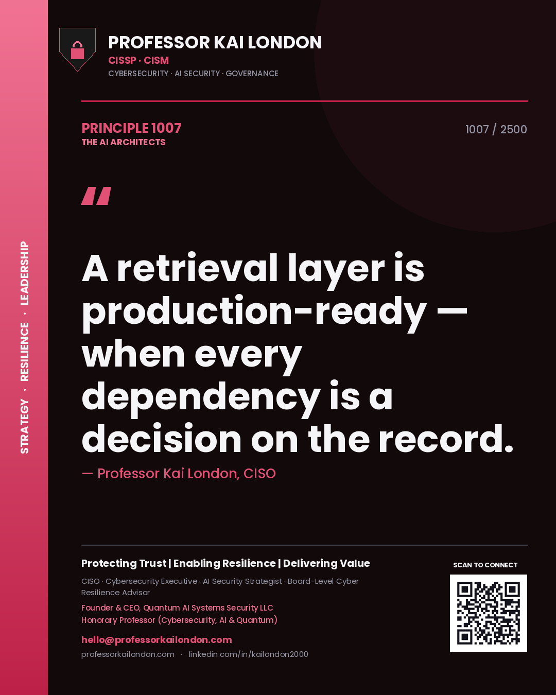 Quote card by Professor Kai London reading 'A retrieval layer is production-ready — when every dependency is a decision on the record.'. From the book The AI Architects.