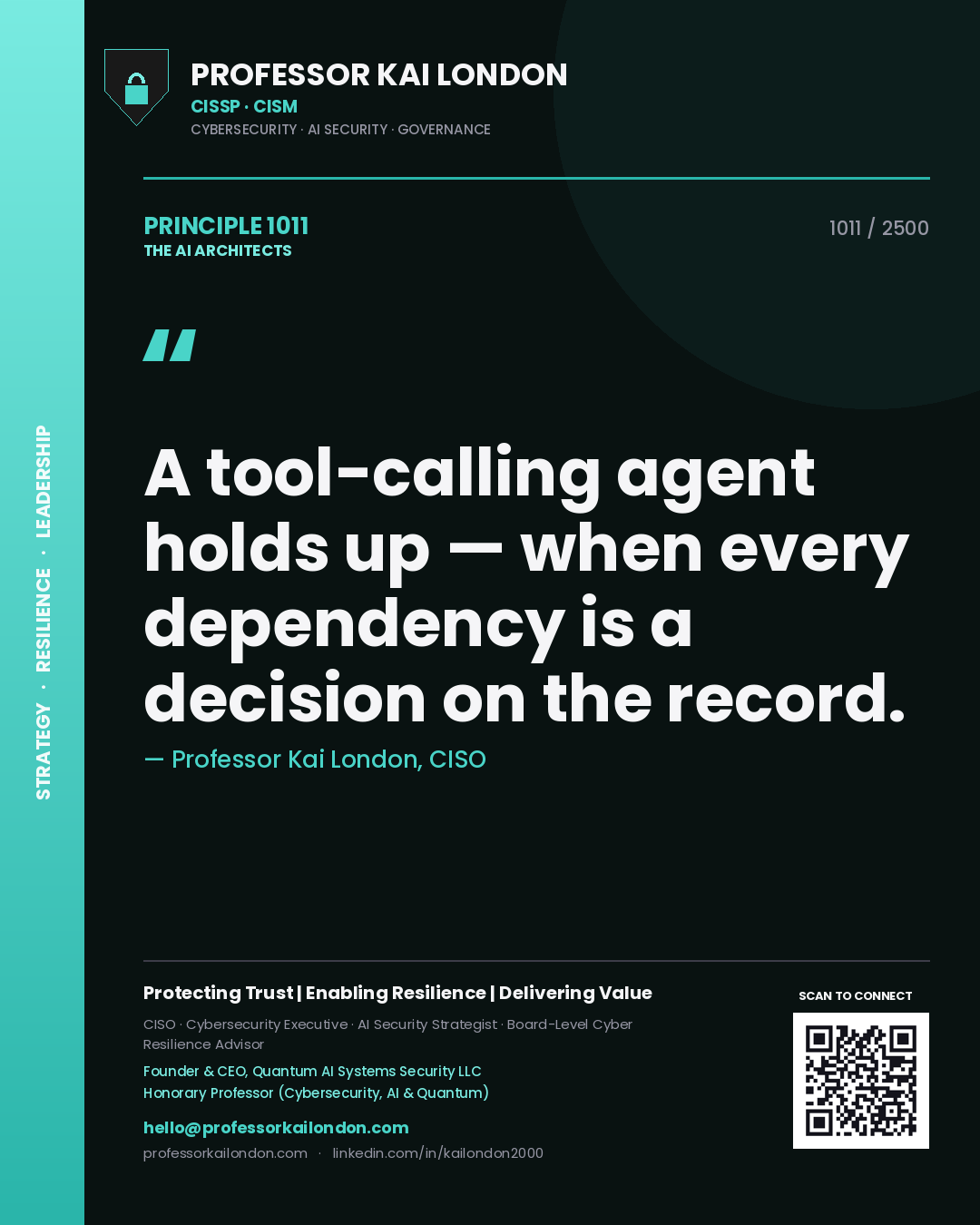 Quote card by Professor Kai London reading 'A tool-calling agent holds up — when every dependency is a decision on the record.'. From the book The AI Architects.