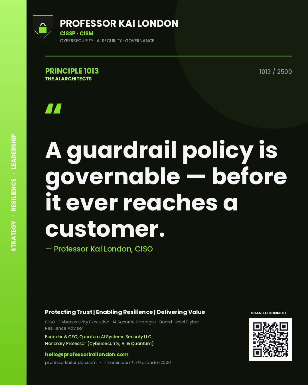 Professor Kai London principle 1013: A guardrail policy is governable — before it ever reaches a customer.