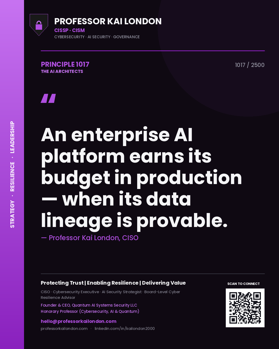 Professor Kai London principle 1017: An enterprise AI platform earns its budget in production — when its data lineage is provable.
