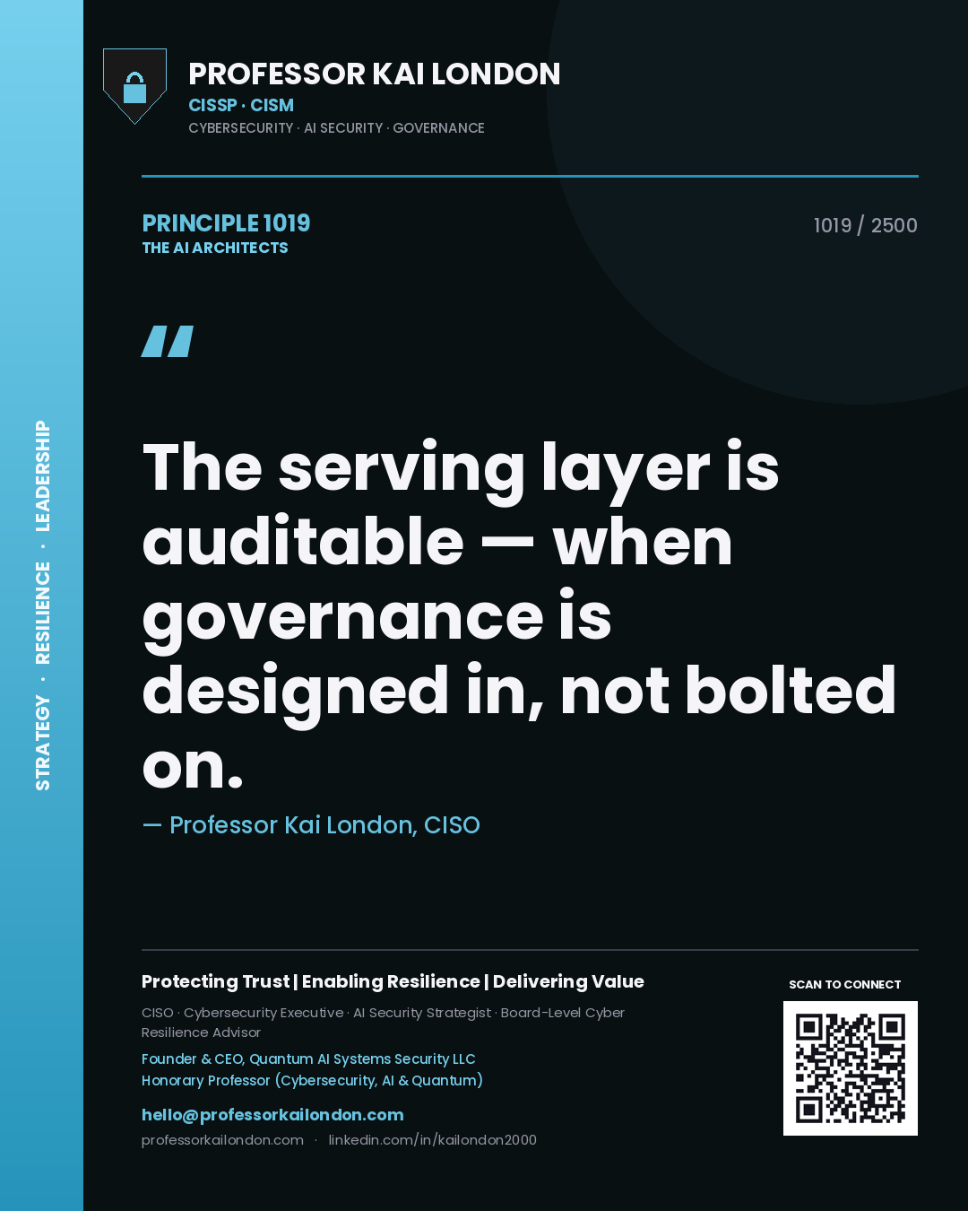 Professor Kai London principle 1019: The serving layer is auditable — when governance is designed in, not bolted on.