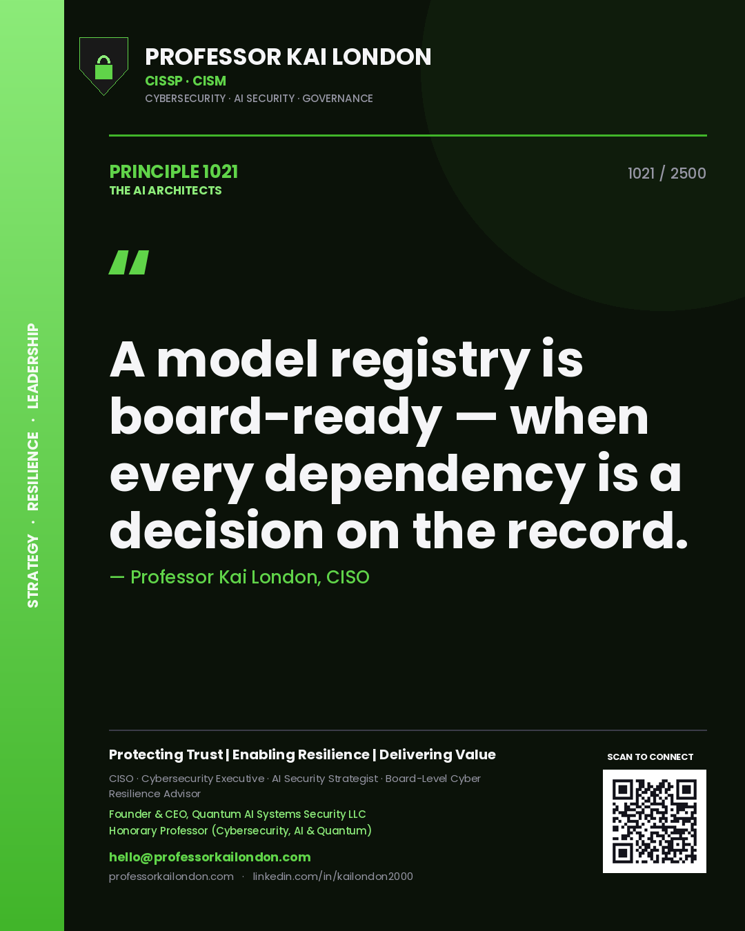 Professor Kai London principle 1021: A model registry is board-ready — when every dependency is a decision on the record.